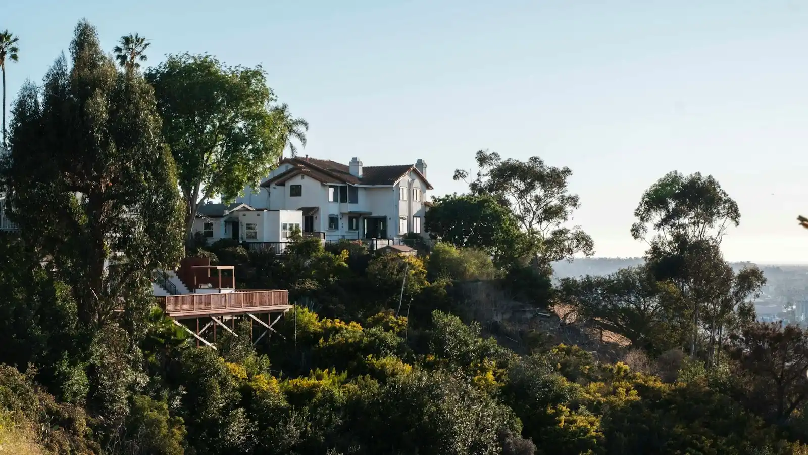 A house on a hilltop with trees and brush growing up the slope toward it